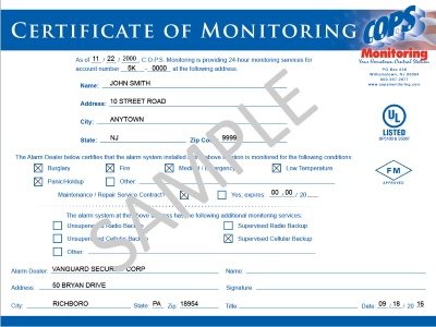 Alarm Monitoring Certificate For Insurance Discount